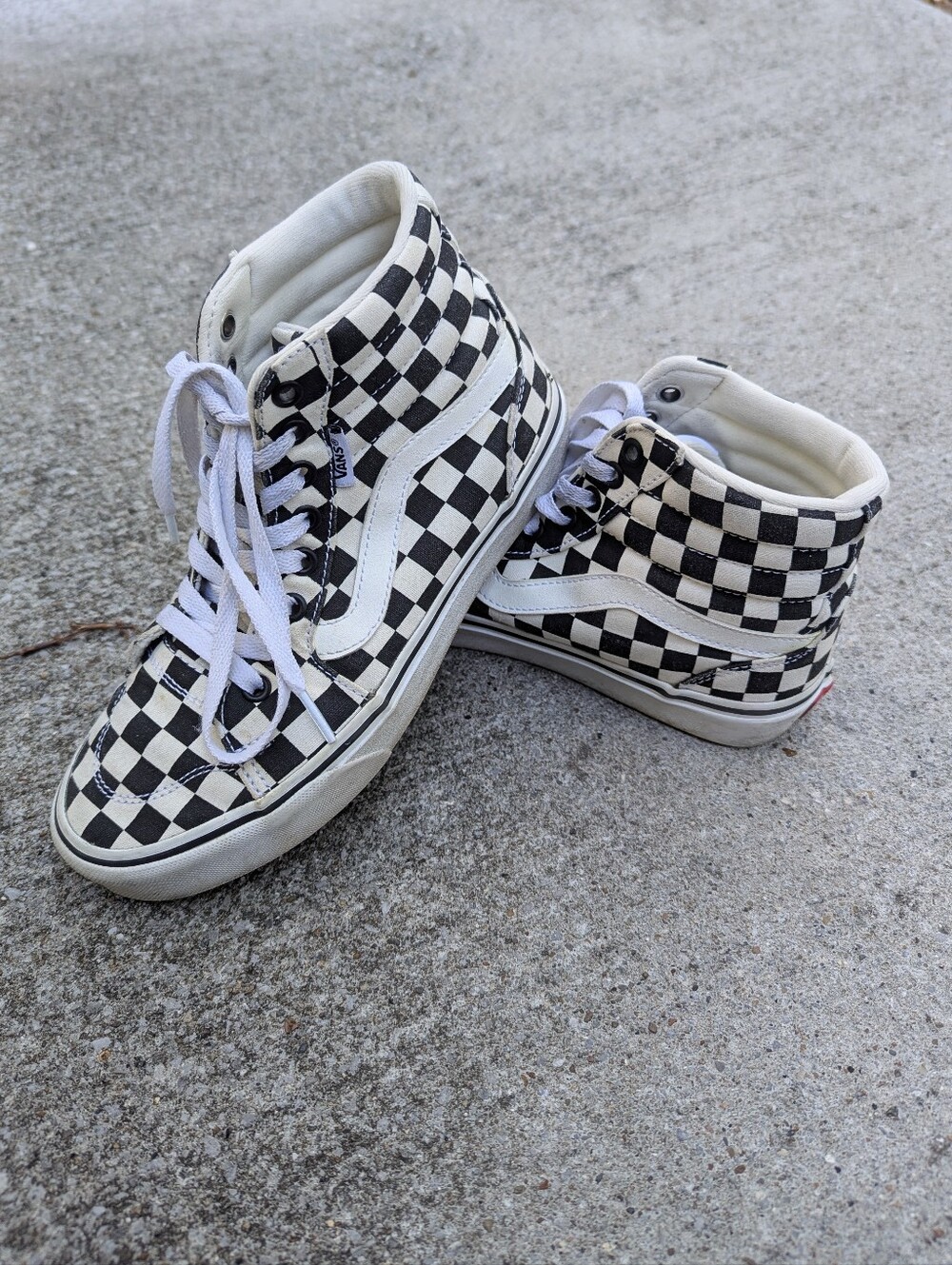 Vans Women's Sk8-Hi Checkerboard High-Top Sneakers in Black & White Size 6.5